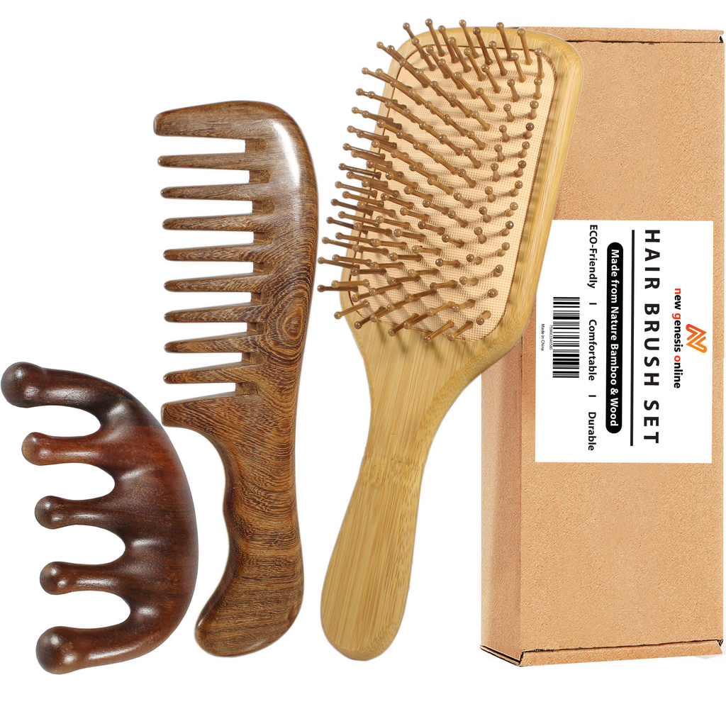 3 Pcs Organic Scalp Massage Bamboo Hair Brush