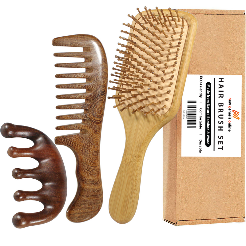 3 Pcs Organic Scalp Massage Bamboo Hair Brush – New Genesis